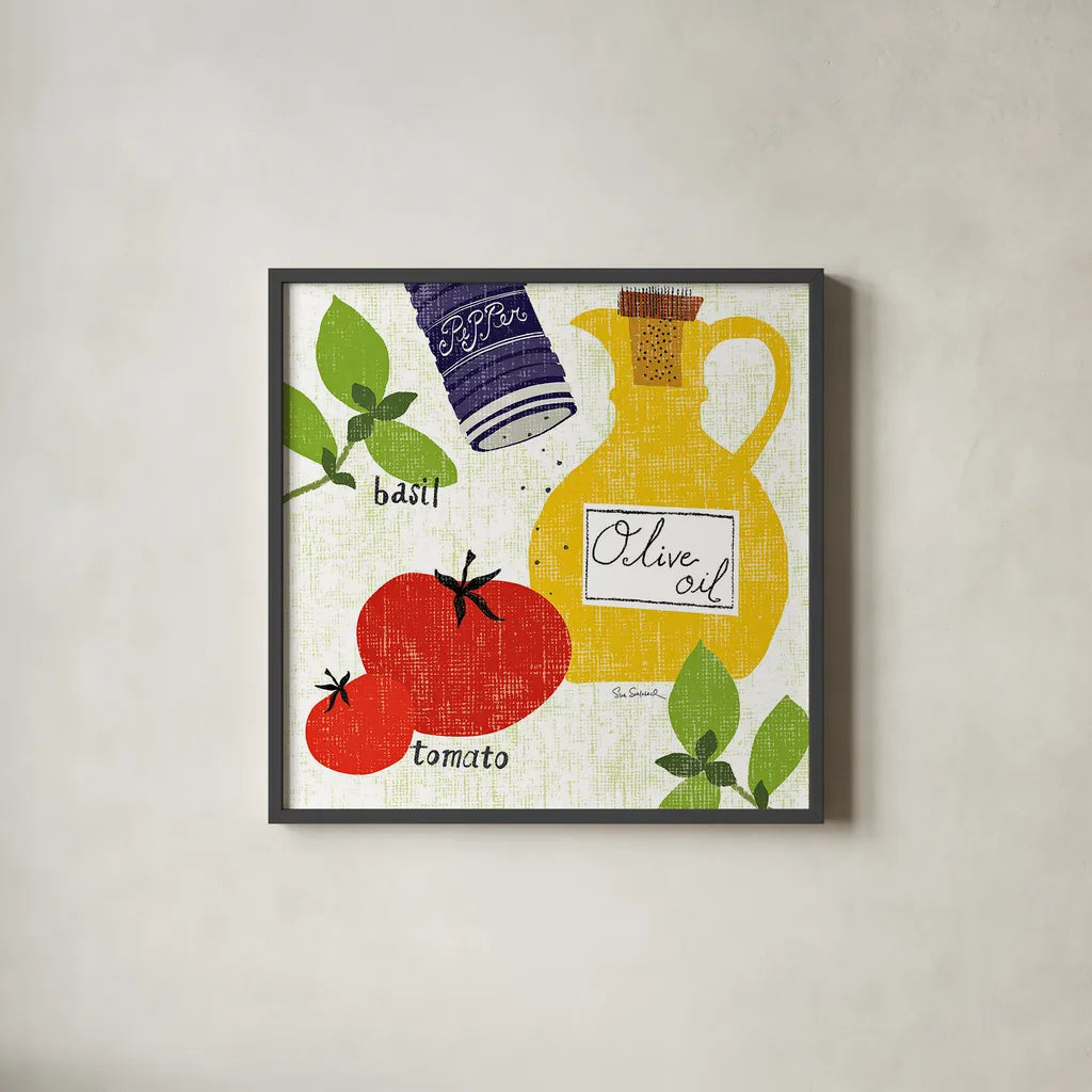 Italiano Tomatoes by Sue Schlabach. Shown in a sleek black glass frame for a contemporary gallery look. Available as an archival giclee rolled canvas, fine art paper, or poster print. SKU 44690a.