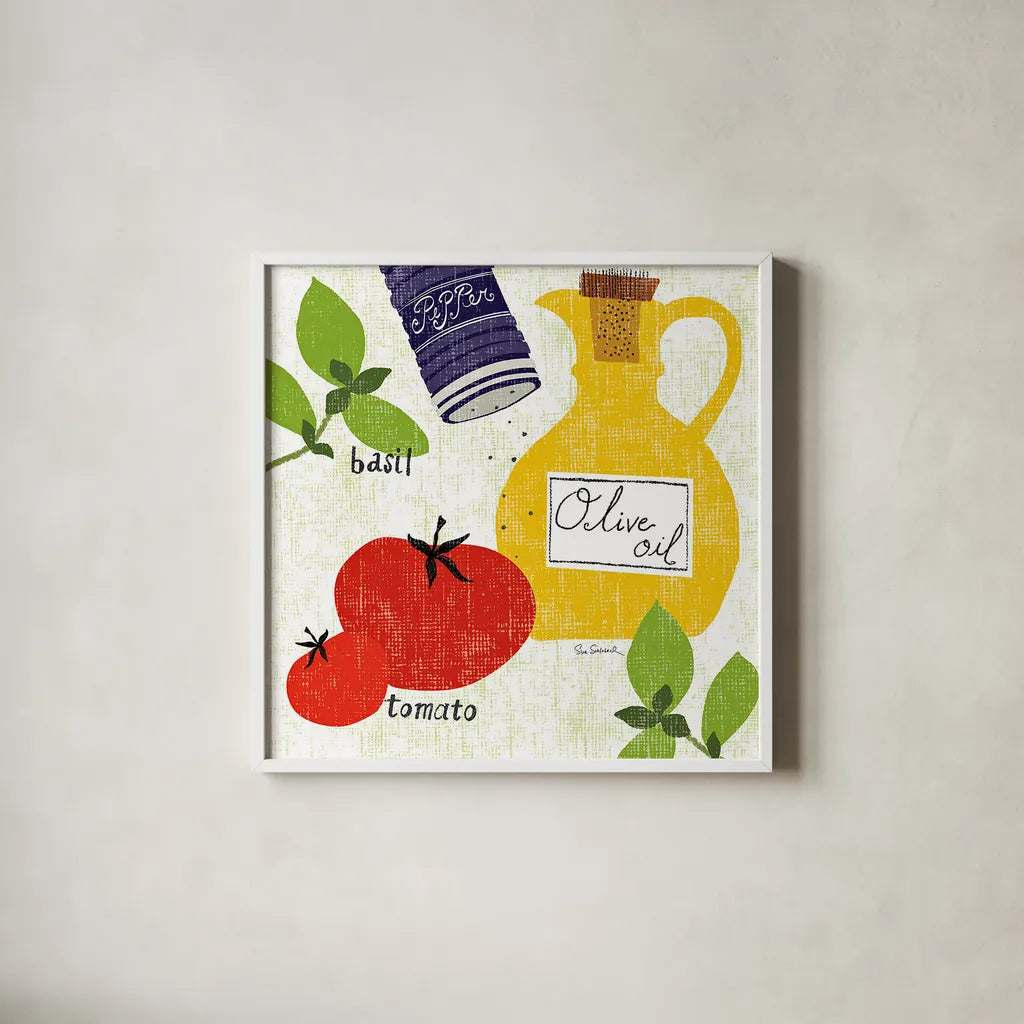 Italiano Tomatoes by Sue Schlabach. Shown in a crisp white glass frame for a clean and minimalist style. Available as an archival giclee rolled canvas, fine art paper, or poster print. SKU 44690a.