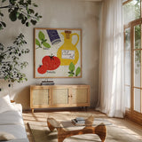 Italiano Tomatoes by Sue Schlabach. Shown in a natural wood frame in a cozy modern living room. Available as an archival giclee rolled canvas, fine art paper, or poster print. SKU 44690a.