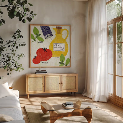 Italiano Tomatoes by Sue Schlabach. Shown in a natural wood frame in a cozy modern living room. Available as an archival giclee rolled canvas, fine art paper, or poster print. SKU 44690a.