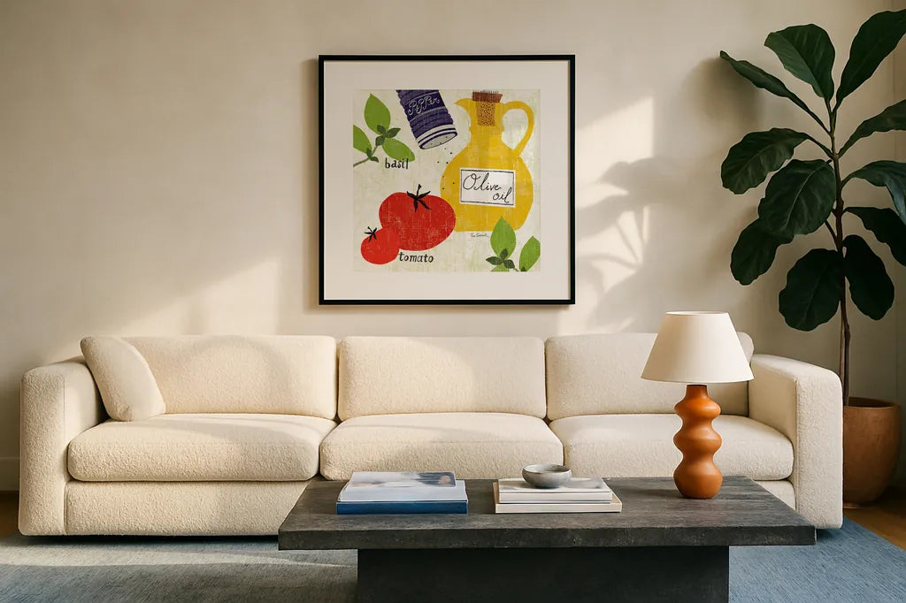 Italiano Tomatoes by Sue Schlabach. Displayed in a glass frame with matte in a clean modern living room. Available as an archival giclee rolled canvas, fine art paper, or poster print. SKU 44690a.