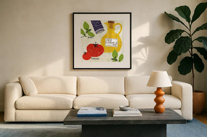Italiano Tomatoes by Sue Schlabach. Displayed in a glass frame with matte in a clean modern living room. Available as an archival giclee rolled canvas, fine art paper, or poster print. SKU 44690a.