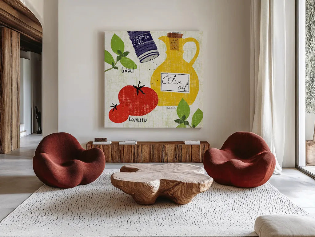 Italiano Tomatoes by Sue Schlabach. Shown as extra-large giant wall art in a modern living room. Available as an archival giclee rolled canvas, fine art paper, or poster print. SKU 44690a.