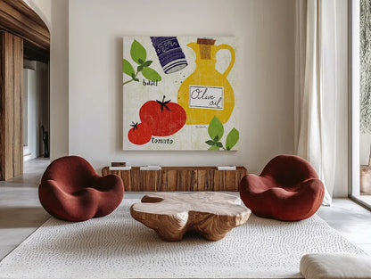 Italiano Tomatoes by Sue Schlabach. Shown as extra-large giant wall art in a modern living room. Available as an archival giclee rolled canvas, fine art paper, or poster print. SKU 44690a.