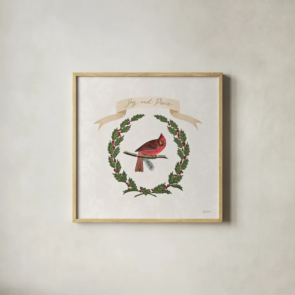 Joyful Tidings VII by Sue Schlabach. Shown in a natural wood glass frame for a timeless modern aesthetic. Available as an archival giclee rolled canvas, fine art paper, or poster print. SKU 33832a.