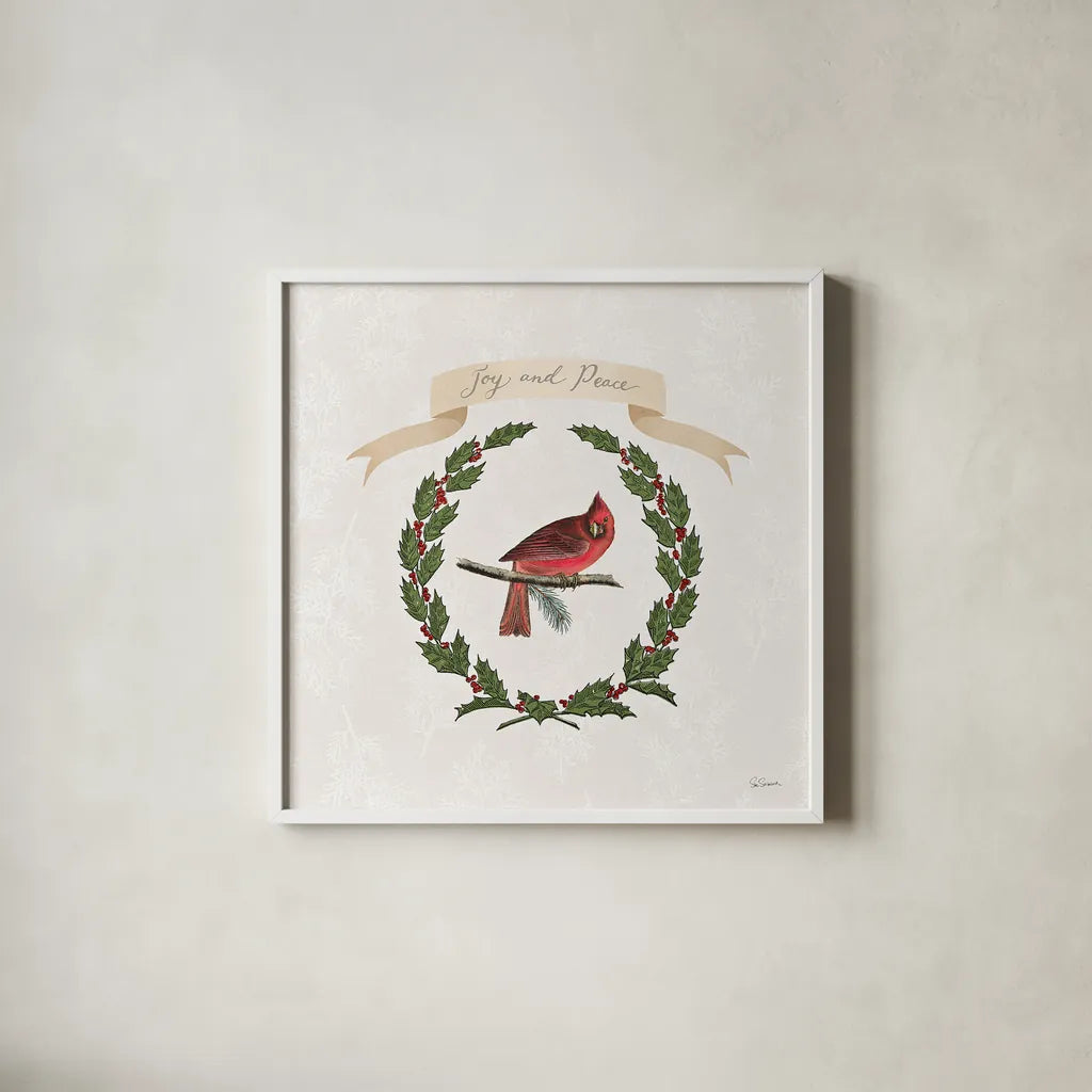 Joyful Tidings VII by Sue Schlabach. Shown in a crisp white glass frame for a clean and minimalist style. Available as an archival giclee rolled canvas, fine art paper, or poster print. SKU 33832a.