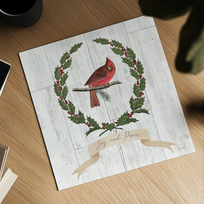 Joyful Tidings VII on Distressed Wood by Sue Schlabach. Shown as a detailed flat fine art print, highlighting archival giclee quality. Available as an archival giclee rolled canvas, fine art paper, or poster print. SKU 35661a.