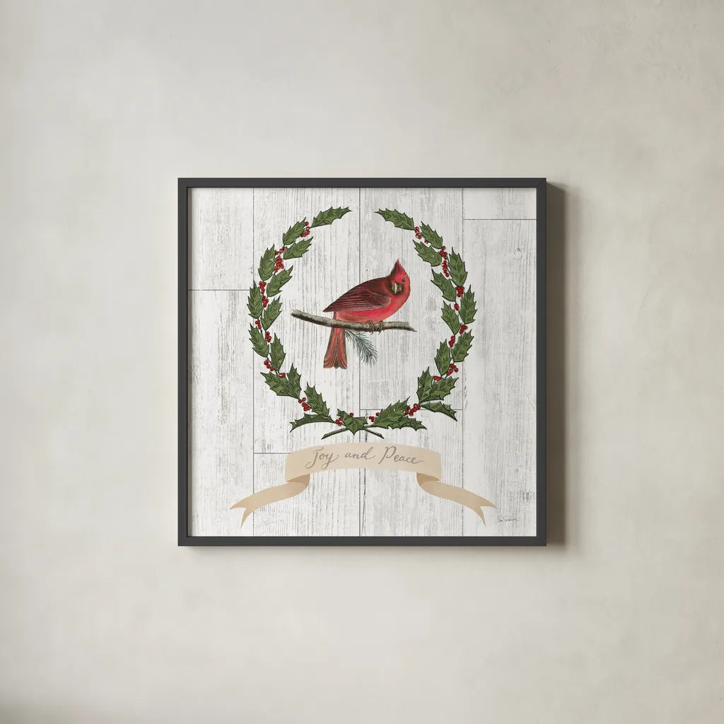 Joyful Tidings VII on Distressed Wood by Sue Schlabach. Shown in a sleek black glass frame for a contemporary gallery look. Available as an archival giclee rolled canvas, fine art paper, or poster print. SKU 35661a.