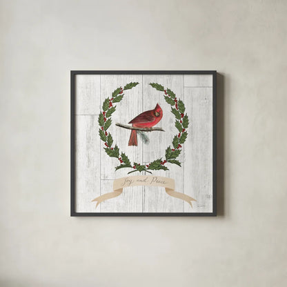 Joyful Tidings VII on Distressed Wood by Sue Schlabach. Shown in a sleek black glass frame for a contemporary gallery look. Available as an archival giclee rolled canvas, fine art paper, or poster print. SKU 35661a.