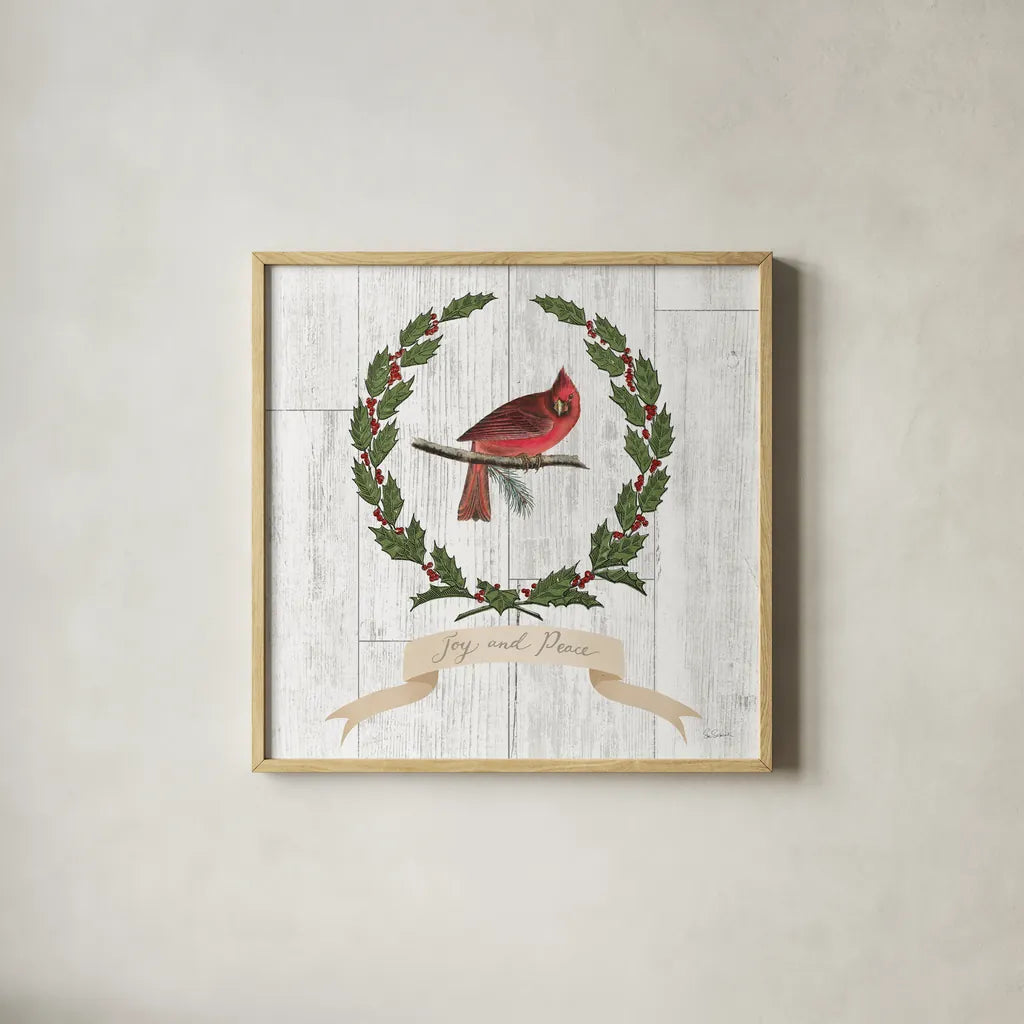 Joyful Tidings VII on Distressed Wood by Sue Schlabach. Shown in a natural wood glass frame for a timeless modern aesthetic. Available as an archival giclee rolled canvas, fine art paper, or poster print. SKU 35661a.