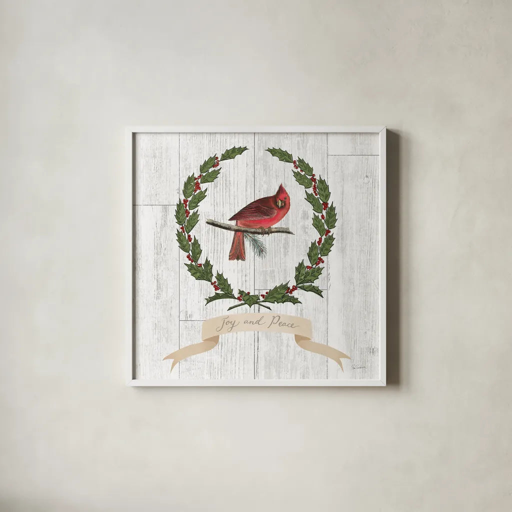 Joyful Tidings VII on Distressed Wood by Sue Schlabach. Shown in a crisp white glass frame for a clean and minimalist style. Available as an archival giclee rolled canvas, fine art paper, or poster print. SKU 35661a.
