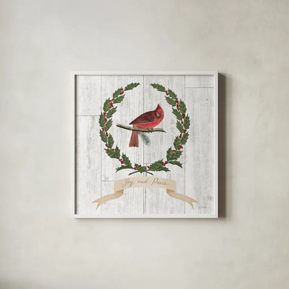 Joyful Tidings VII on Distressed Wood by Sue Schlabach. Shown in a crisp white glass frame for a clean and minimalist style. Available as an archival giclee rolled canvas, fine art paper, or poster print. SKU 35661a.
