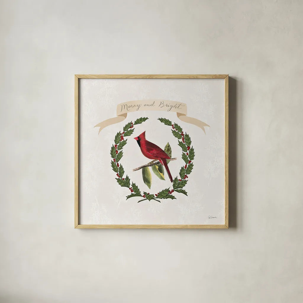 Joyful Tidings VIII by Sue Schlabach. Shown in a natural wood glass frame for a timeless modern aesthetic. Available as an archival giclee rolled canvas, fine art paper, or poster print. SKU 33833a.