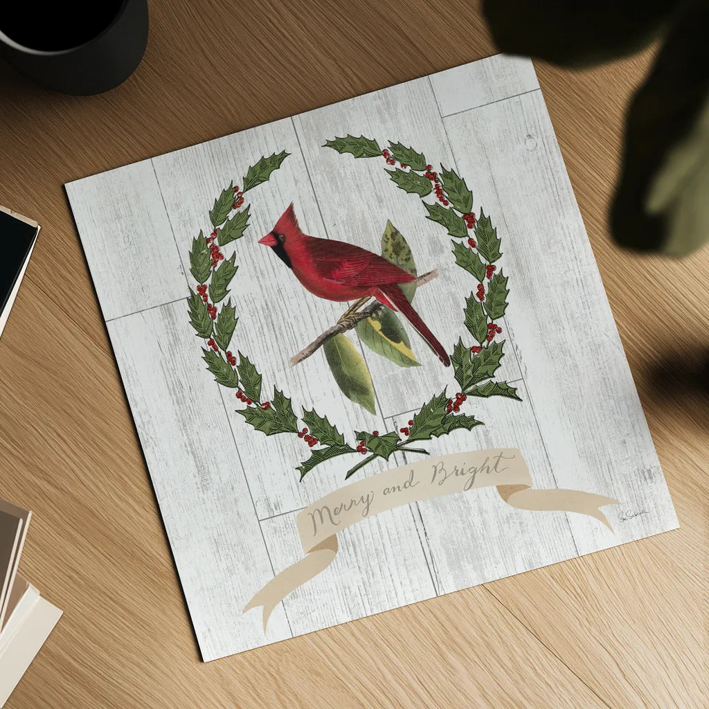 Joyful Tidings VIII on Distressed Wood by Sue Schlabach. Shown as a detailed flat fine art print, highlighting archival giclee quality. Available as an archival giclee rolled canvas, fine art paper, or poster print. SKU 35662a.