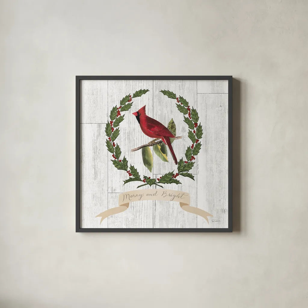 Joyful Tidings VIII on Distressed Wood by Sue Schlabach. Shown in a sleek black glass frame for a contemporary gallery look. Available as an archival giclee rolled canvas, fine art paper, or poster print. SKU 35662a.