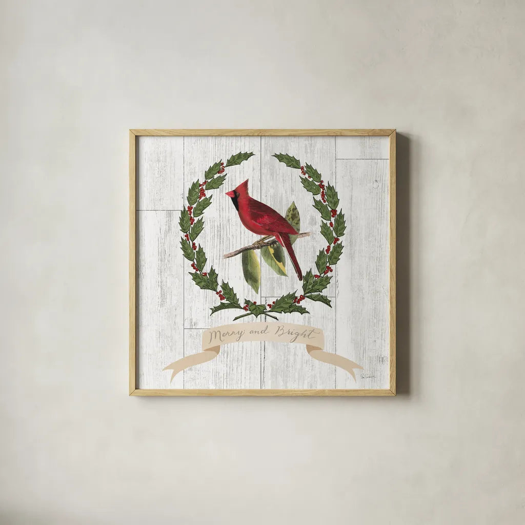 Joyful Tidings VIII on Distressed Wood by Sue Schlabach. Shown in a natural wood glass frame for a timeless modern aesthetic. Available as an archival giclee rolled canvas, fine art paper, or poster print. SKU 35662a.