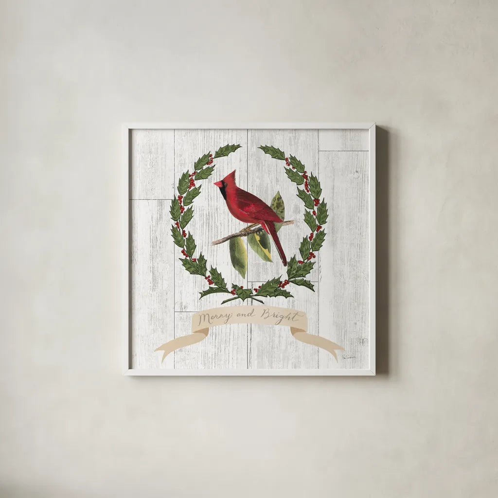 Joyful Tidings VIII on Distressed Wood by Sue Schlabach. Shown in a crisp white glass frame for a clean and minimalist style. Available as an archival giclee rolled canvas, fine art paper, or poster print. SKU 35662a.