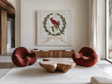 Joyful Tidings VIII on Distressed Wood by Sue Schlabach. Shown as extra-large giant wall art in a modern living room. Available as an archival giclee rolled canvas, fine art paper, or poster print. SKU 35662a.