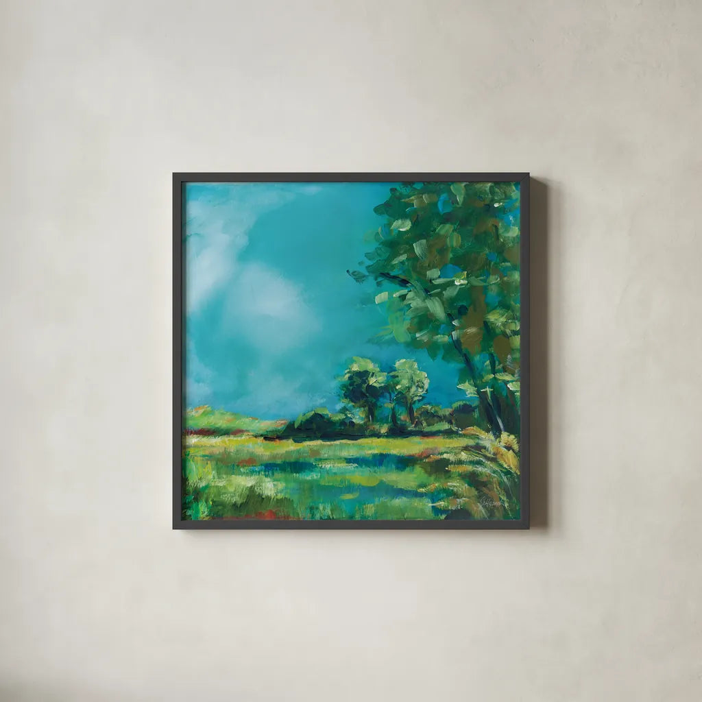 July Meadow by Sue Schlabach. Shown in a sleek black glass frame for a contemporary gallery look. Available as an archival giclee rolled canvas, fine art paper, or poster print. SKU 74876a.