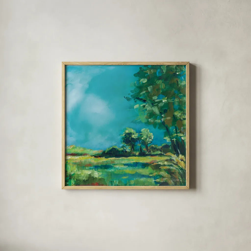 July Meadow by Sue Schlabach. Shown in a natural wood glass frame for a timeless modern aesthetic. Available as an archival giclee rolled canvas, fine art paper, or poster print. SKU 74876a.