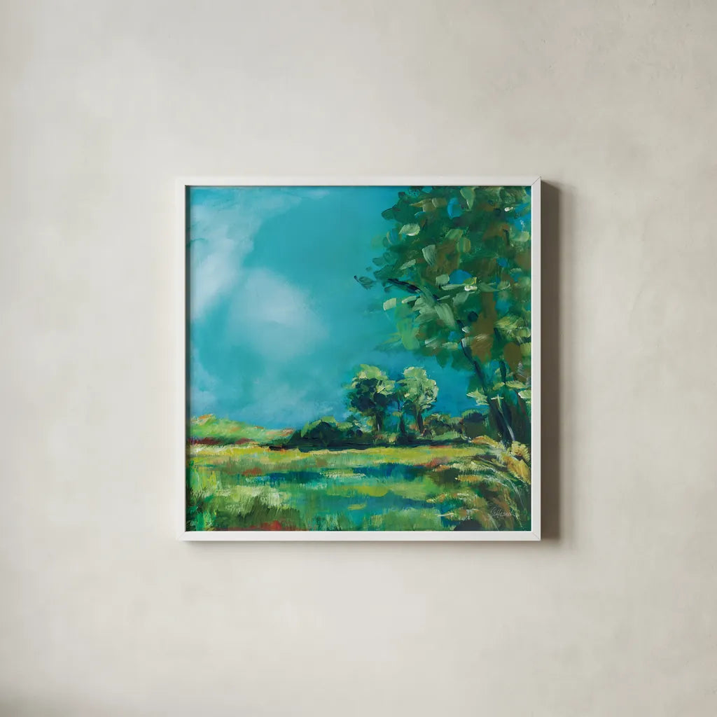 July Meadow by Sue Schlabach. Shown in a crisp white glass frame for a clean and minimalist style. Available as an archival giclee rolled canvas, fine art paper, or poster print. SKU 74876a.