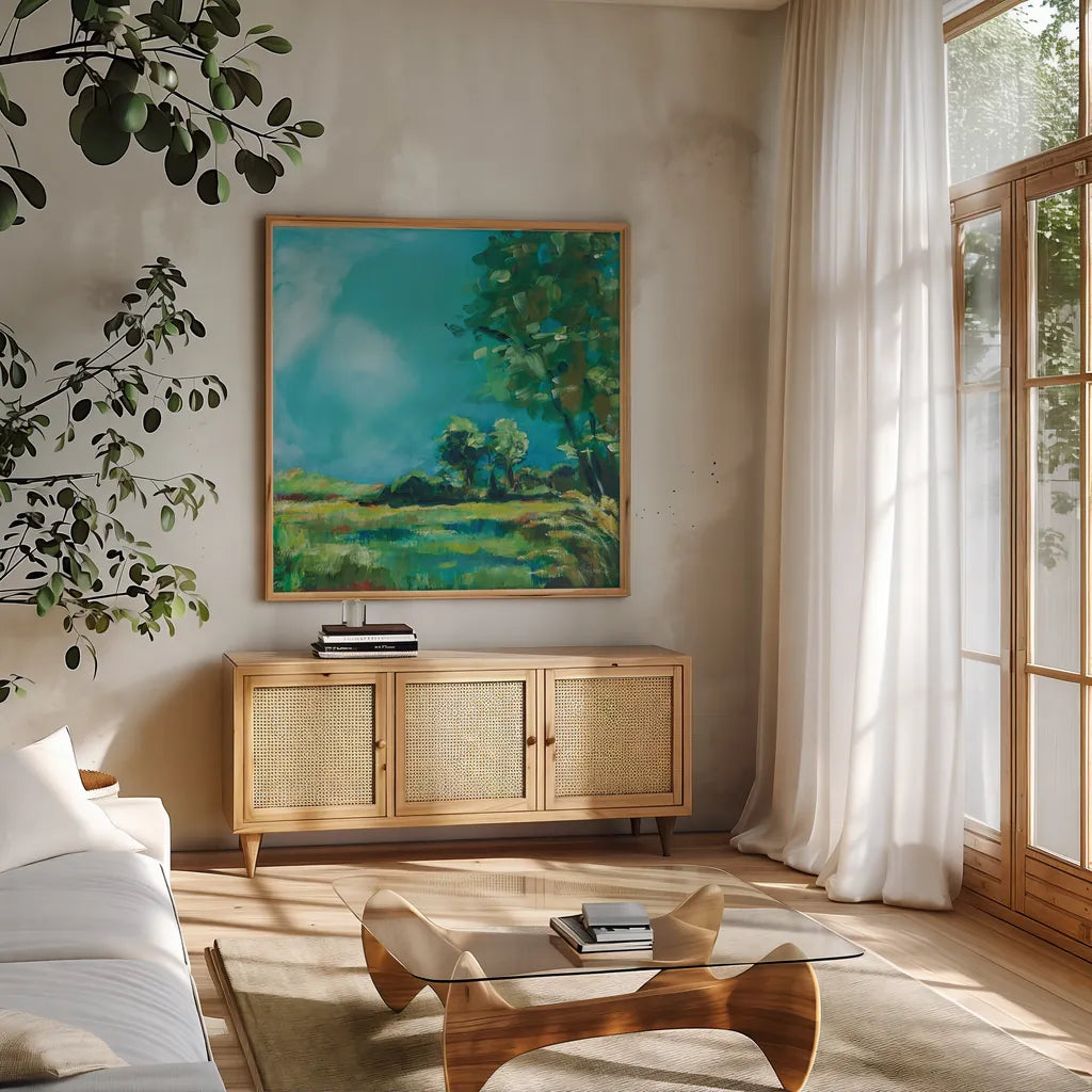 July Meadow by Sue Schlabach. Shown in a natural wood frame in a cozy modern living room. Available as an archival giclee rolled canvas, fine art paper, or poster print. SKU 74876a.