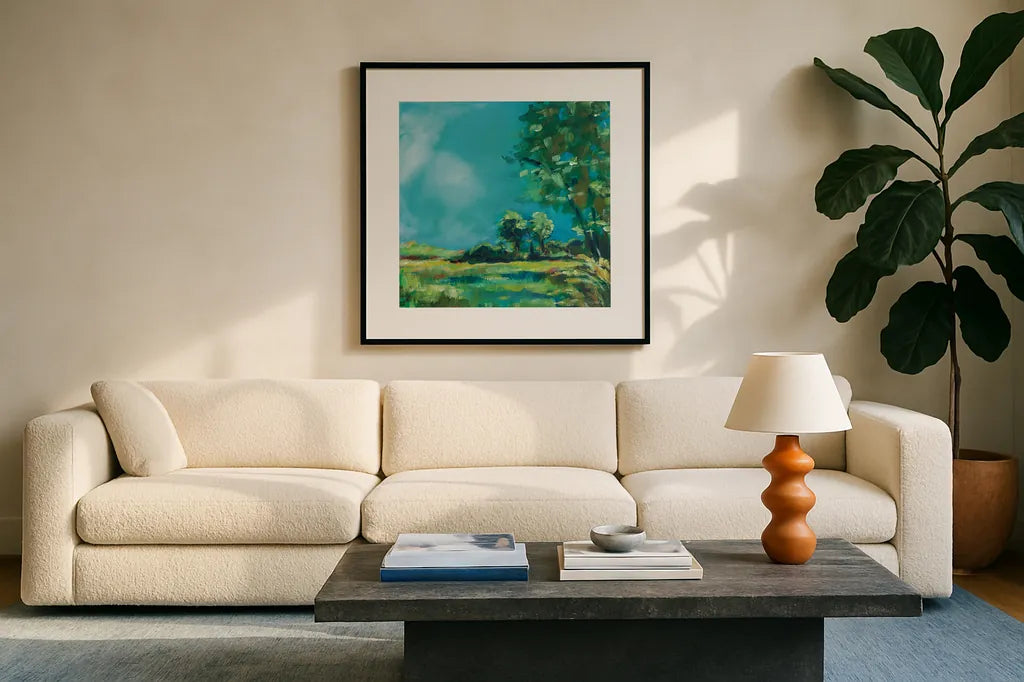 July Meadow by Sue Schlabach. Displayed in a glass frame with matte in a clean modern living room. Available as an archival giclee rolled canvas, fine art paper, or poster print. SKU 74876a.