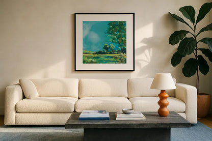 July Meadow by Sue Schlabach. Displayed in a glass frame with matte in a clean modern living room. Available as an archival giclee rolled canvas, fine art paper, or poster print. SKU 74876a.