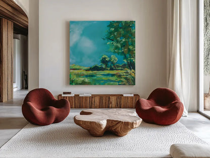 July Meadow by Sue Schlabach. Shown as extra-large giant wall art in a modern living room. Available as an archival giclee rolled canvas, fine art paper, or poster print. SKU 74876a.