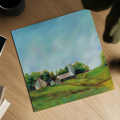 June Farm by Sue Schlabach. Shown as a detailed flat fine art print, highlighting archival giclee quality. Available as an archival giclee rolled canvas, fine art paper, or poster print. SKU 58312a.