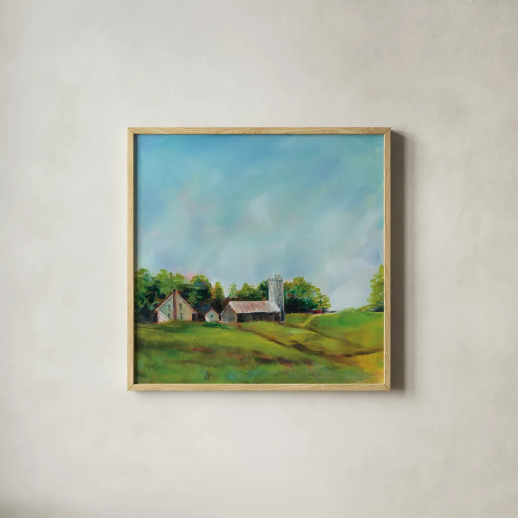 June Farm by Sue Schlabach. Shown in a natural wood glass frame for a timeless modern aesthetic. Available as an archival giclee rolled canvas, fine art paper, or poster print. SKU 58312a.
