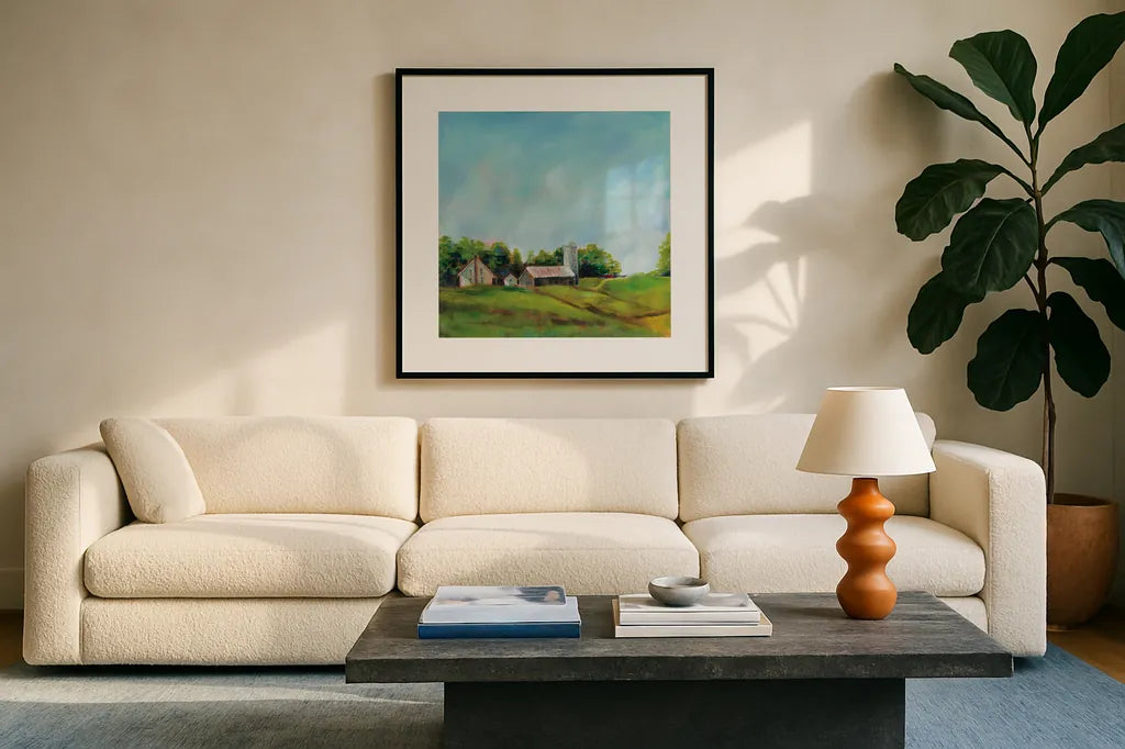 June Farm by Sue Schlabach. Displayed in a glass frame with matte in a clean modern living room. Available as an archival giclee rolled canvas, fine art paper, or poster print. SKU 58312a.