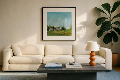 June Farm by Sue Schlabach. Displayed in a glass frame with matte in a clean modern living room. Available as an archival giclee rolled canvas, fine art paper, or poster print. SKU 58312a.