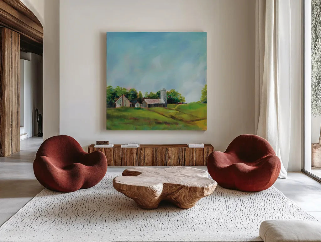 June Farm by Sue Schlabach. Shown as extra-large giant wall art in a modern living room. Available as an archival giclee rolled canvas, fine art paper, or poster print. SKU 58312a.