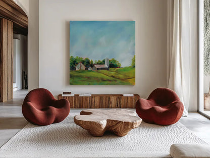 June Farm by Sue Schlabach. Shown as extra-large giant wall art in a modern living room. Available as an archival giclee rolled canvas, fine art paper, or poster print. SKU 58312a.