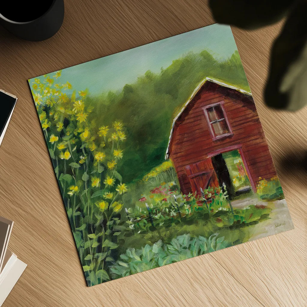 Kelly Way Barn by Sue Schlabach. Shown as a detailed flat fine art print, highlighting archival giclee quality. Available as an archival giclee rolled canvas, fine art paper, or poster print. SKU 57991a.