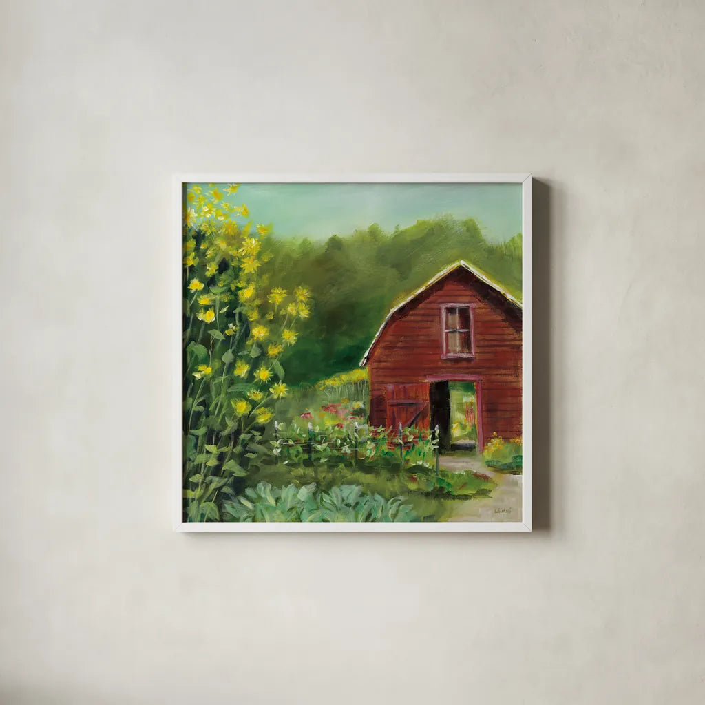 Kelly Way Barn by Sue Schlabach. Shown in a crisp white glass frame for a clean and minimalist style. Available as an archival giclee rolled canvas, fine art paper, or poster print. SKU 57991a.