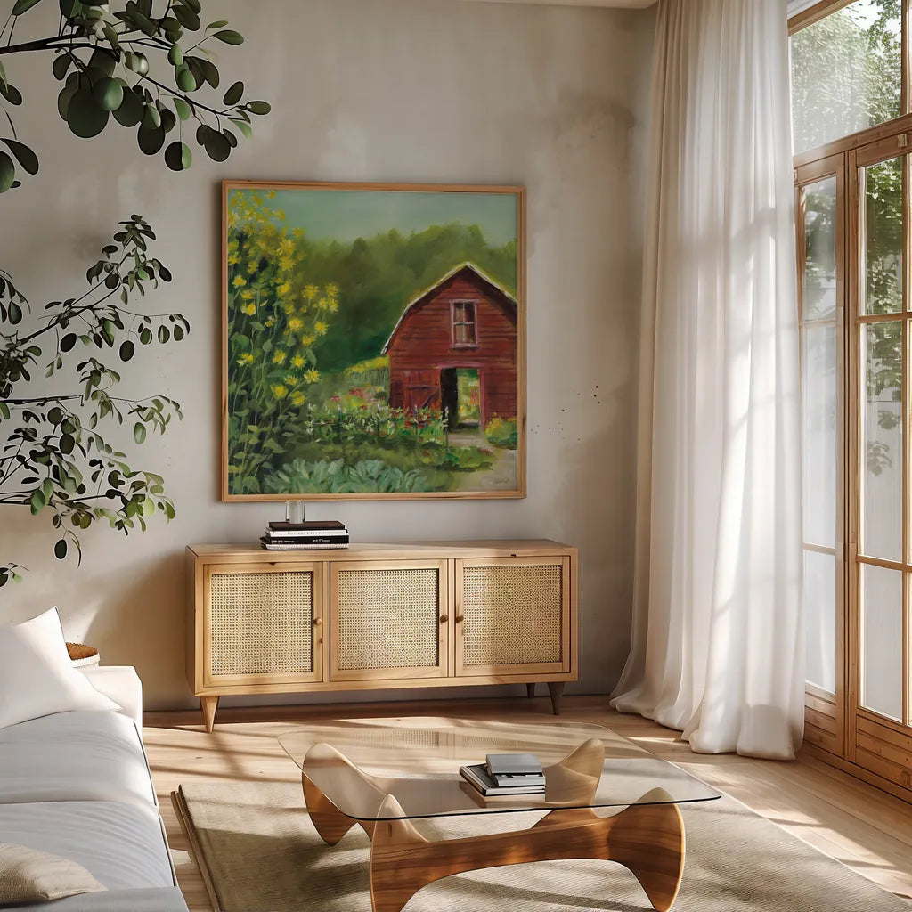 Kelly Way Barn by Sue Schlabach. Shown in a natural wood frame in a cozy modern living room. Available as an archival giclee rolled canvas, fine art paper, or poster print. SKU 57991a.