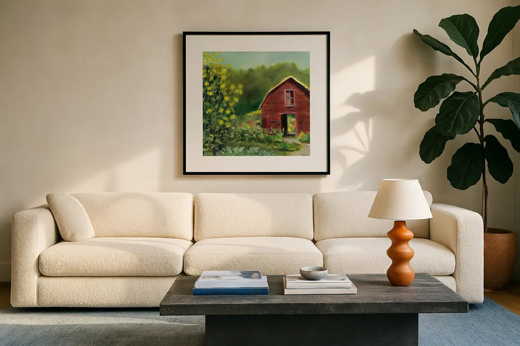 Kelly Way Barn by Sue Schlabach. Displayed in a glass frame with matte in a clean modern living room. Available as an archival giclee rolled canvas, fine art paper, or poster print. SKU 57991a.