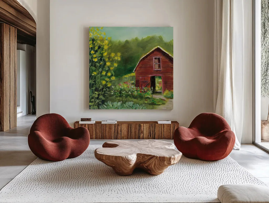 Kelly Way Barn by Sue Schlabach. Shown as extra-large giant wall art in a modern living room. Available as an archival giclee rolled canvas, fine art paper, or poster print. SKU 57991a.