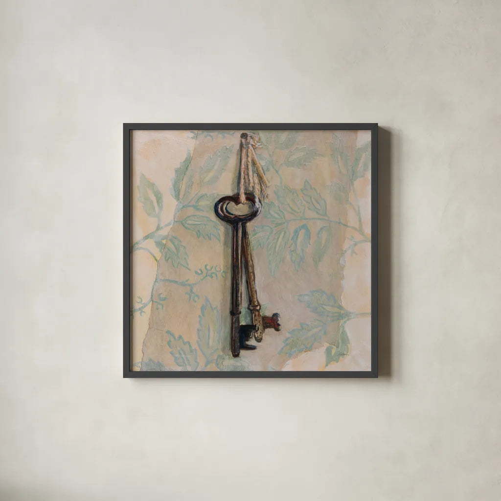 Keys to Home by Sue Schlabach. Shown in a sleek black glass frame for a contemporary gallery look. Available as an archival giclee rolled canvas, fine art paper, or poster print. SKU 88562a.