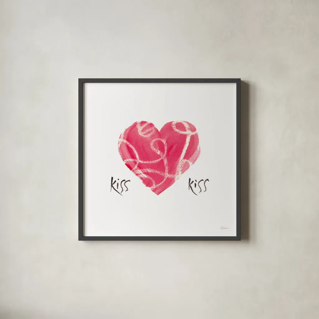 Kiss Kiss by Sue Schlabach. Shown in a sleek black glass frame for a contemporary gallery look. Available as an archival giclee rolled canvas, fine art paper, or poster print. SKU 49993a.