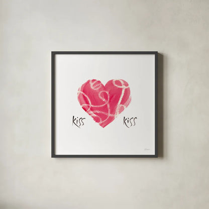 Kiss Kiss by Sue Schlabach. Shown in a sleek black glass frame for a contemporary gallery look. Available as an archival giclee rolled canvas, fine art paper, or poster print. SKU 49993a.
