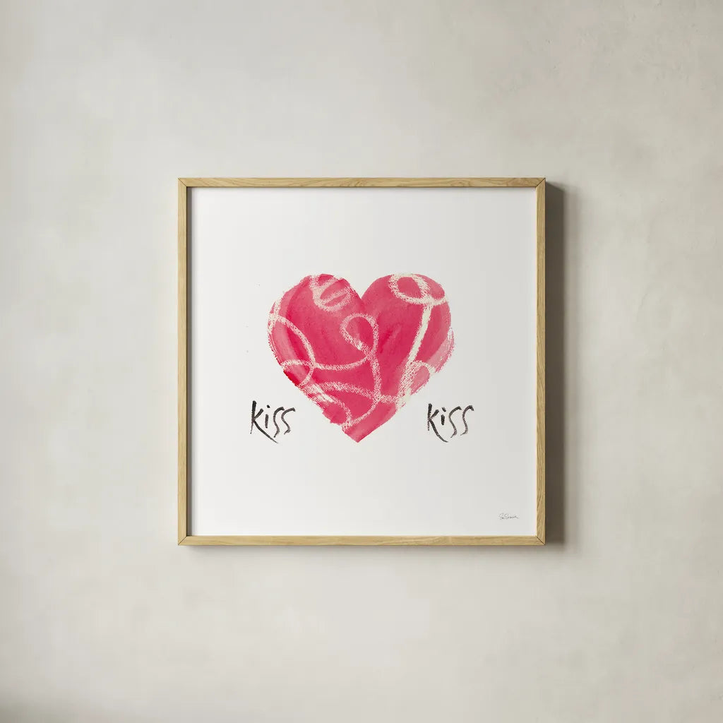 Kiss Kiss by Sue Schlabach. Shown in a natural wood glass frame for a timeless modern aesthetic. Available as an archival giclee rolled canvas, fine art paper, or poster print. SKU 49993a.