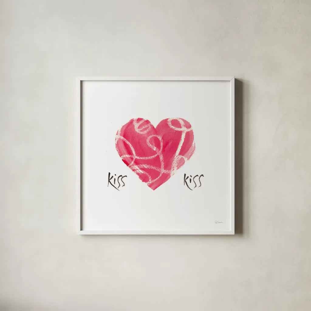 Kiss Kiss by Sue Schlabach. Shown in a crisp white glass frame for a clean and minimalist style. Available as an archival giclee rolled canvas, fine art paper, or poster print. SKU 49993a.