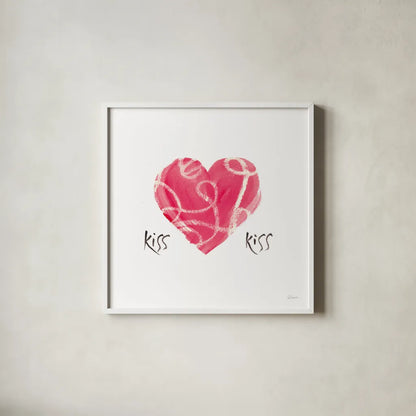Kiss Kiss by Sue Schlabach. Shown in a crisp white glass frame for a clean and minimalist style. Available as an archival giclee rolled canvas, fine art paper, or poster print. SKU 49993a.