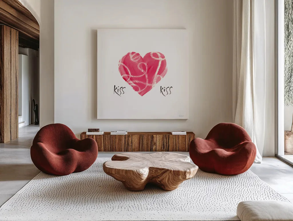 Kiss Kiss by Sue Schlabach. Shown as extra-large giant wall art in a modern living room. Available as an archival giclee rolled canvas, fine art paper, or poster print. SKU 49993a.