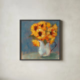 Kitchen Sunflowers by Sue Schlabach. Shown in a sleek black glass frame for a contemporary gallery look. Available as an archival giclee rolled canvas, fine art paper, or poster print. SKU 82701a.
