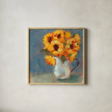 Kitchen Sunflowers by Sue Schlabach. Shown in a natural wood glass frame for a timeless modern aesthetic. Available as an archival giclee rolled canvas, fine art paper, or poster print. SKU 82701a.