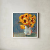 Kitchen Sunflowers by Sue Schlabach. Shown in a crisp white glass frame for a clean and minimalist style. Available as an archival giclee rolled canvas, fine art paper, or poster print. SKU 82701a.